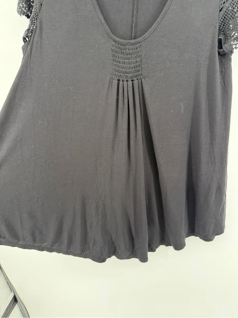 Whimsigoth Coqette Cottagecore Boho Witchy‎ Black Crochet Lace-Sleeve Top SzM